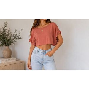 Free People We The Free Pink Cropped Flutter Sleeve Oversized Top